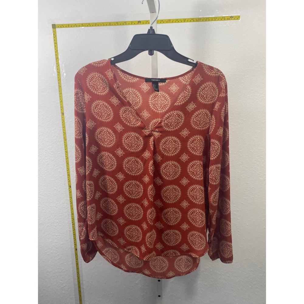Forever 21 Rust Red Mandala Print V-Neck Long‎ Sleeve Blouse Top Large Boho